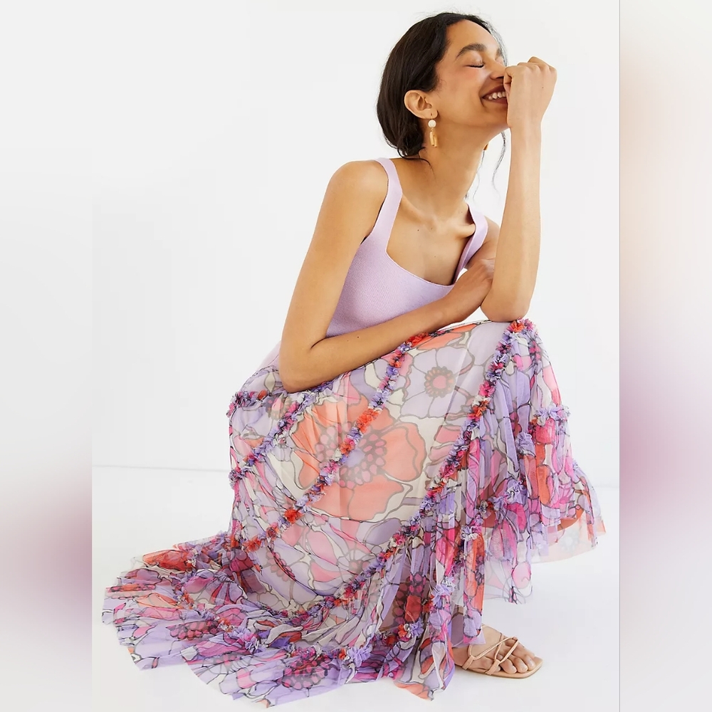 Anthropologie Maeve Tiered Tulle Maxi Skirt Sz XS Summer Ready